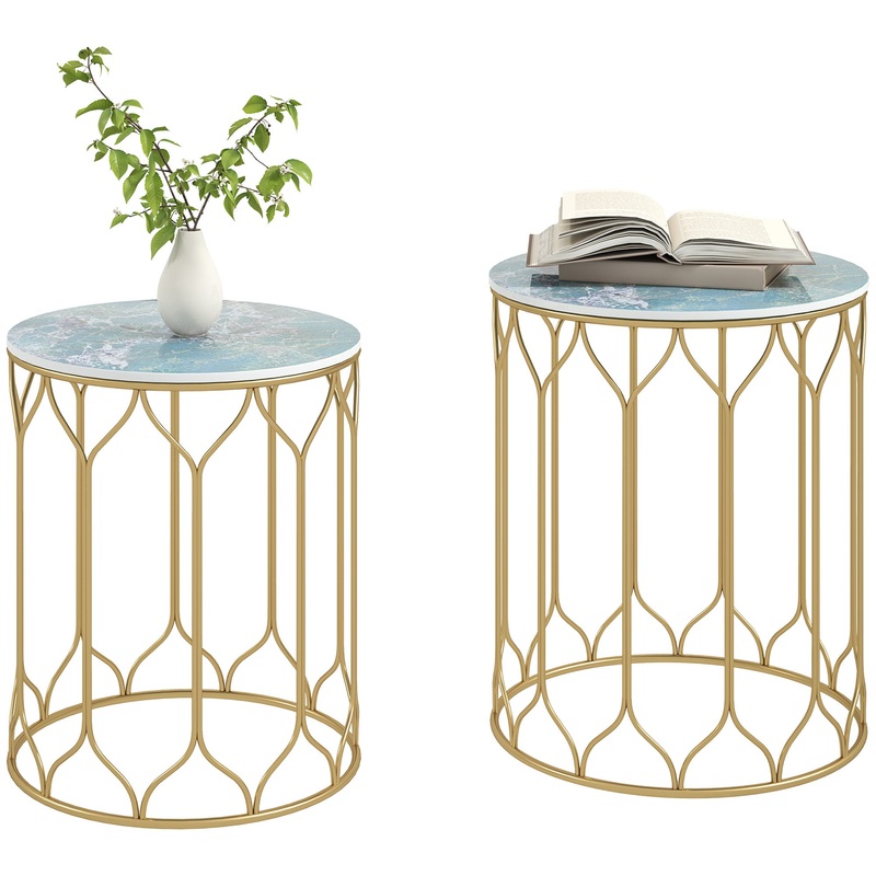 Nesting Tables Set of 2, Marble Effect Side Tables, Multi