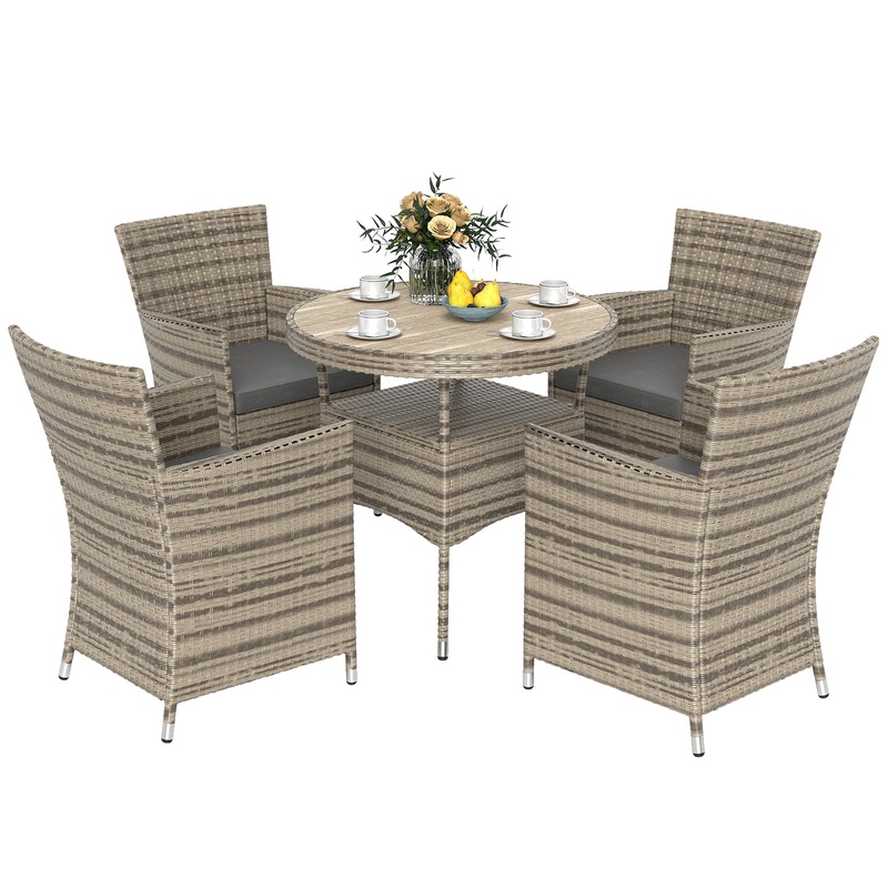Rattan Dining Set for 4 with Cushions for Patio, Balcony, Grey