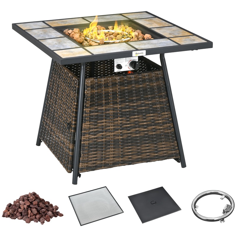 Rattan Fire Pit Table, Outdoor Square Fire Table w/ Control Panel