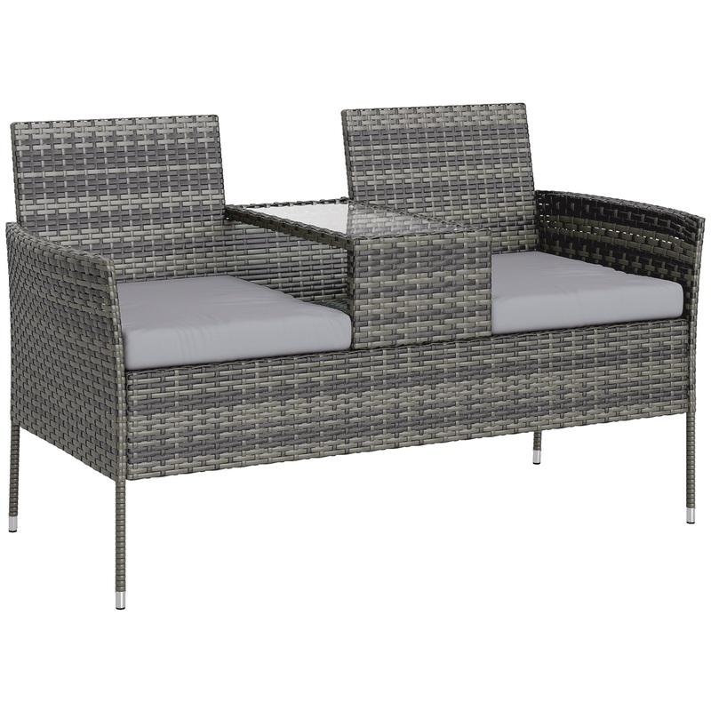 Rattan Garden Bench w/ Glass Tea Table, Cushions, Charcoal Grey