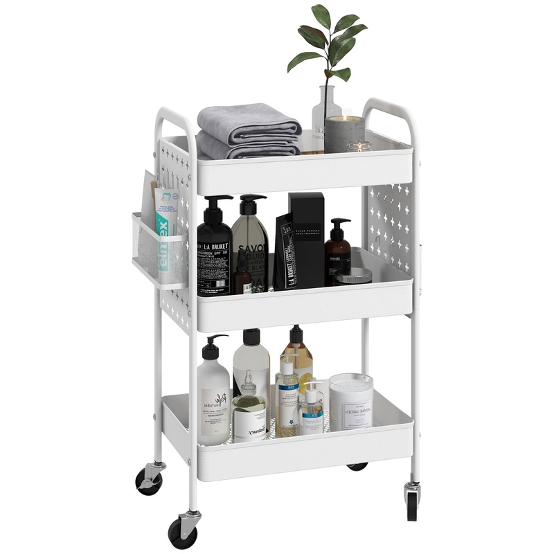Rolling Utility Cart with 3 Mesh Basket, 2 Boxes, 6 Hooks for Kitchen