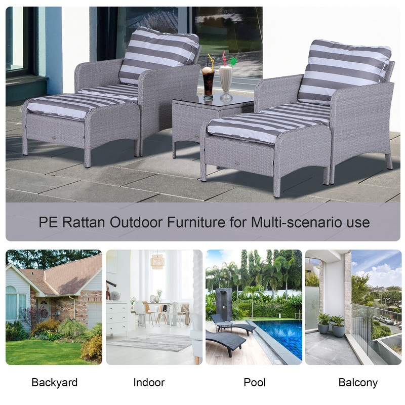 2 Seater PE Rattan Garden Furniture Set, 2 Armchairs 2 Stools Glass Top Table Cushions Wicker Weave Chairs Outdoor Seating – Grey
