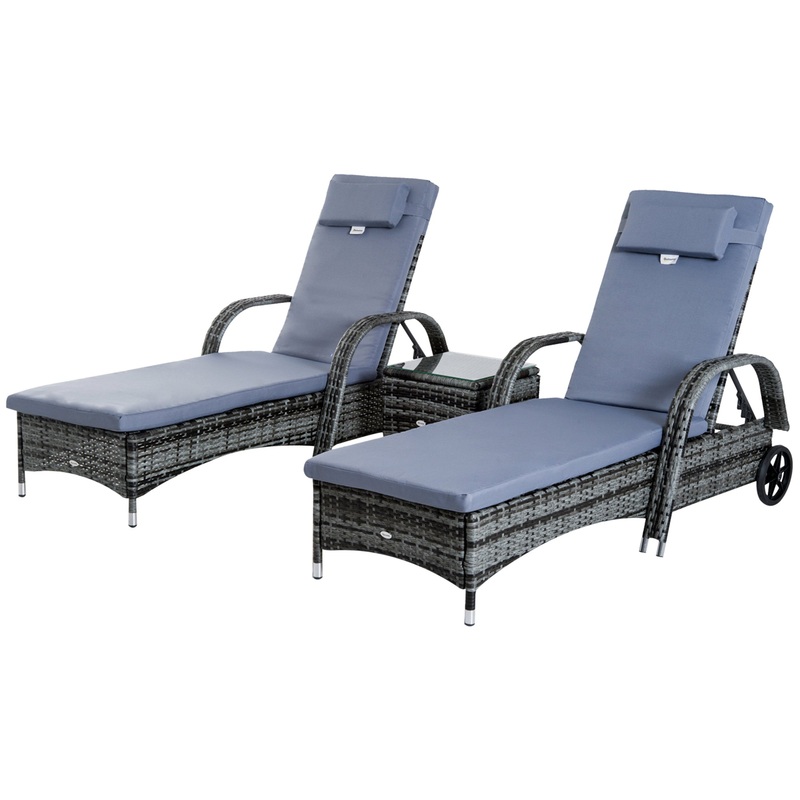 3 Piece Rattan Sun Loungers with Cushions & Coffee Table – Grey