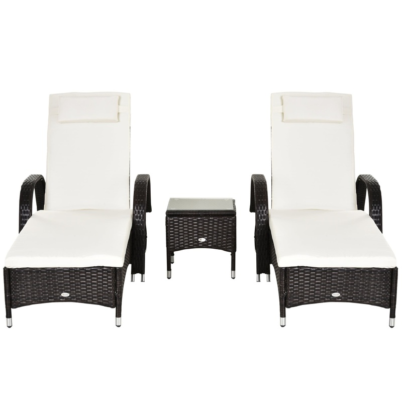 3 Pieces Patio Lounge Chair Set, Garden Wicker Wheeling Lounger Outdoor Daybed, PE Rattan Lounge Chairs w/Cushions & Side Coffee Table Brown