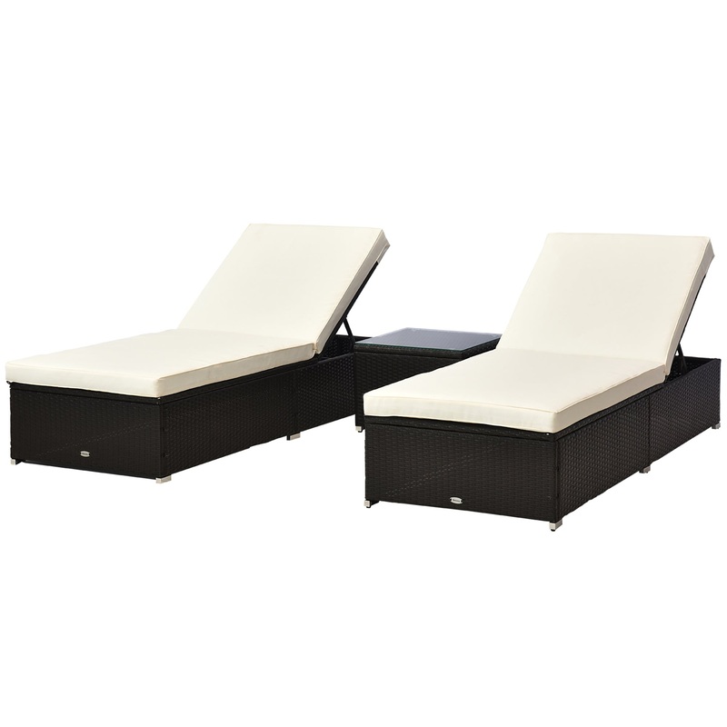 3PC Rattan Sun Lounger Garden Outdoor Wicker Reclining Bed Side Table Set  Patio Furniture Dark Coffee