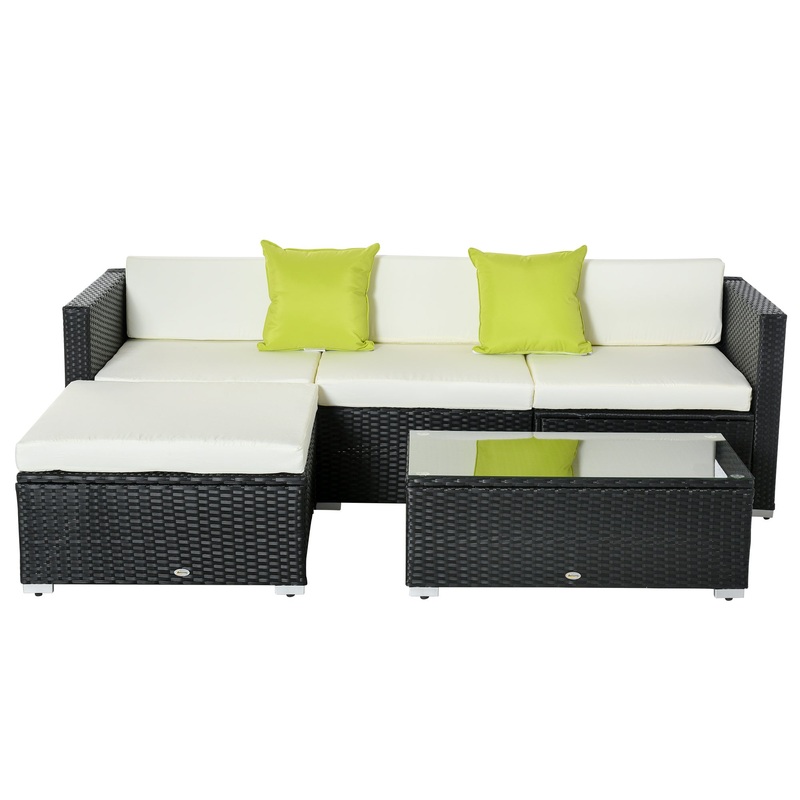 4-Seater Garden Rattan Furniture Outdoor Sectional Rattan Set Coffee Table Combo Patio Furniture Metal Frame w/ Cushion Pillows Black
