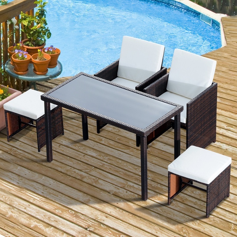 4-Seater Rattan Garden Furniture Space-saving Wicker Weave Sofa Set Conservatory Dining Table Table Chair Footrest Cushioned Brown
