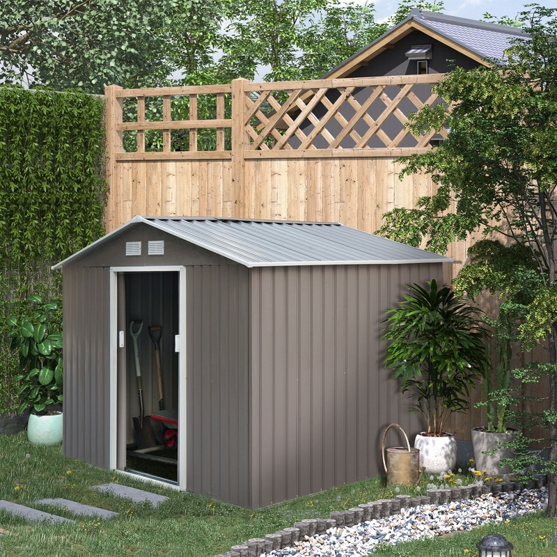 9 x 6FT Garden Metal Storage Shed Outdoor Storage Shed with Foundation Ventilation & Doors, Grey