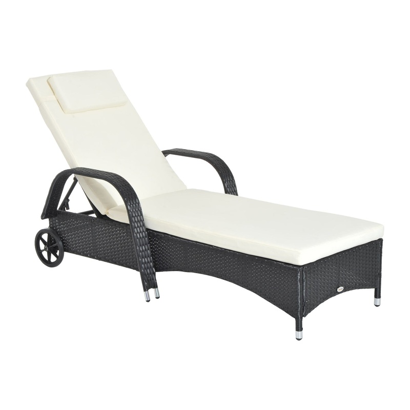 Garden Rattan Furniture Single Sun Lounger Recliner Bed Reclining Chair Patio Outdoor Wicker Weave Adjustable Headrest – Black