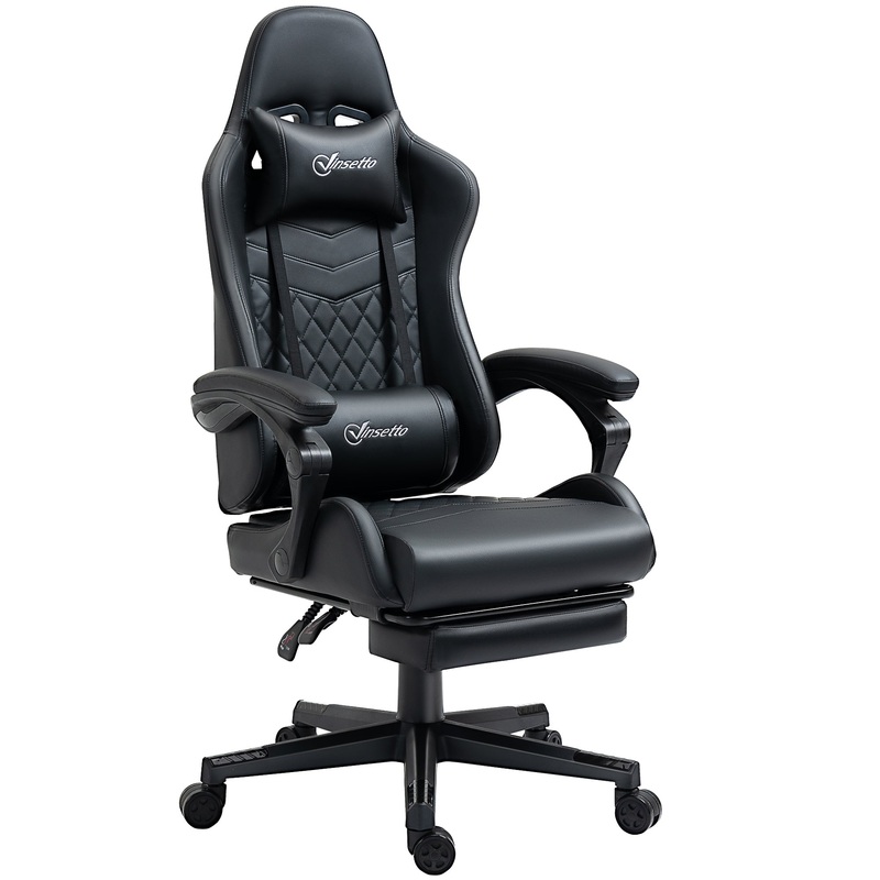 Racing Gaming Chair Faux Leather Gamer Recliner Home Office, Black