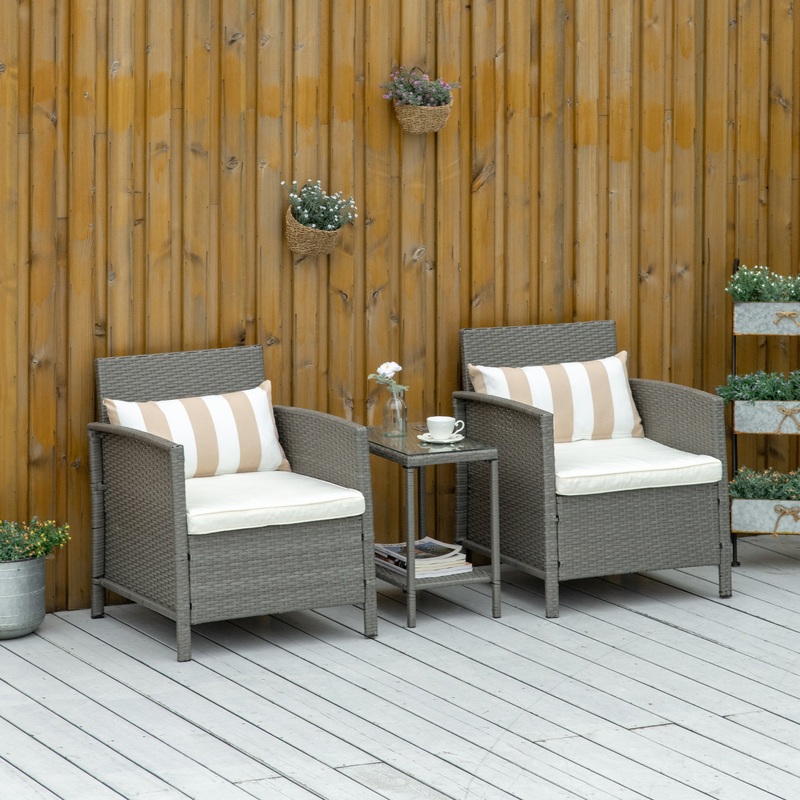 Rattan Garden Furniture 3 Pieces Patio Bistro Set Wicker Weave Conservatory Sofa Chair & Table Set with Cushion Pillow – Light Grey