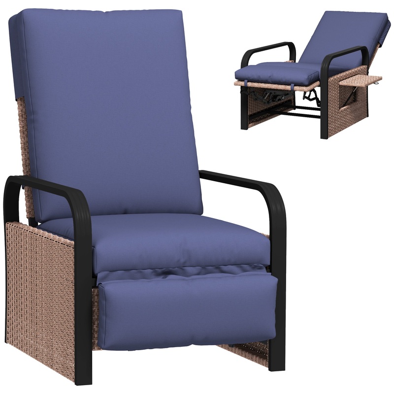 Rattan Garden Recliner Chair Sun Lounger w/ Side Tray, Brown/Blue