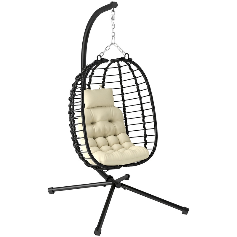 Rattan Hanging Egg Chair w/ Stand, Cushion, Headrest, Cream White