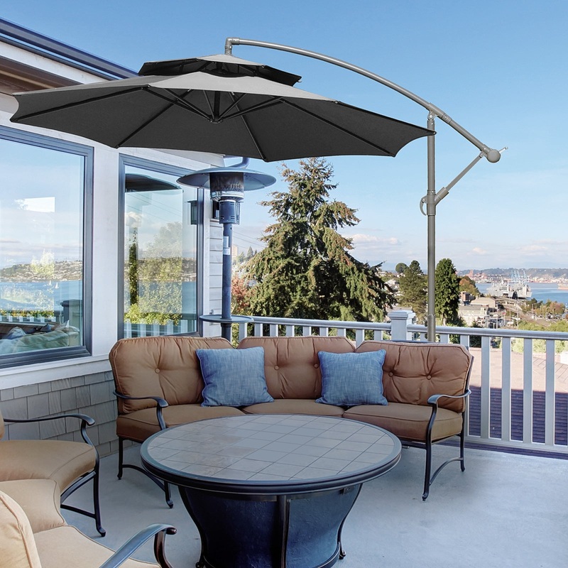 2.7m Garden Banana Parasol Cantilever Umbrella with Crank Handle, Double Tier Canopy and Cross Base for Outdoor, Hanging Sun Shade, Beige