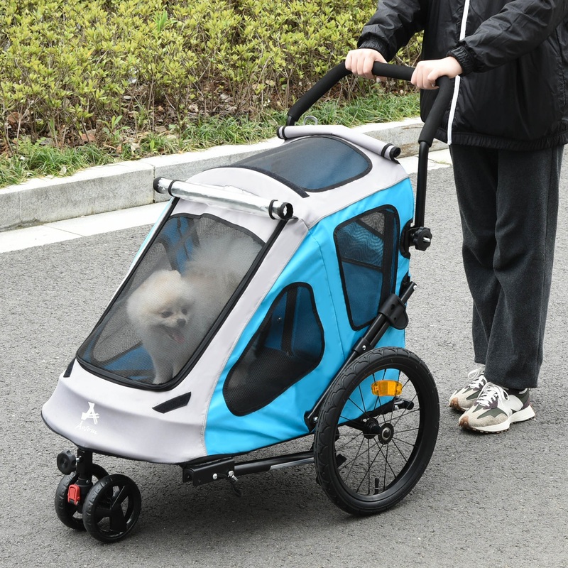 2 IN 1 Dog Bike Trailer Pet Carrier Stroller 360 Rotatable Front Wheel Reflectors Parking Straps Hitch Coupler Cup Holder Water Resistant Blue