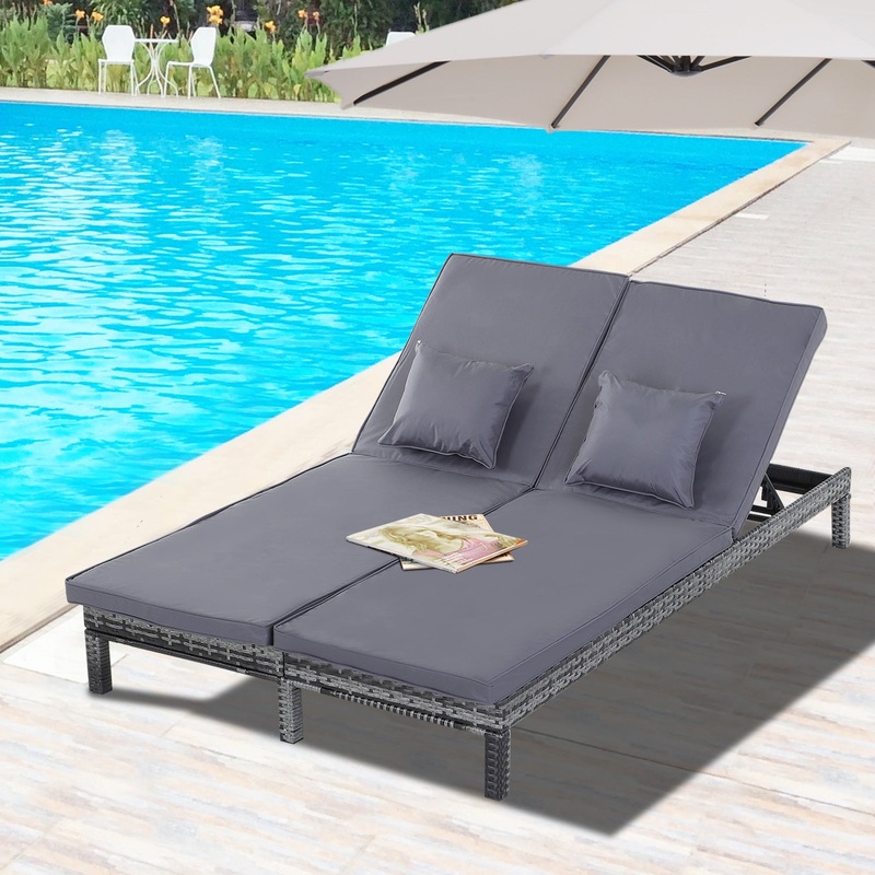 2 Seater Garden Double Rattan Sun Lounger Companion Reclining Recliner Wicker Weave Patio Outdoor Furniture Cushioned – Grey