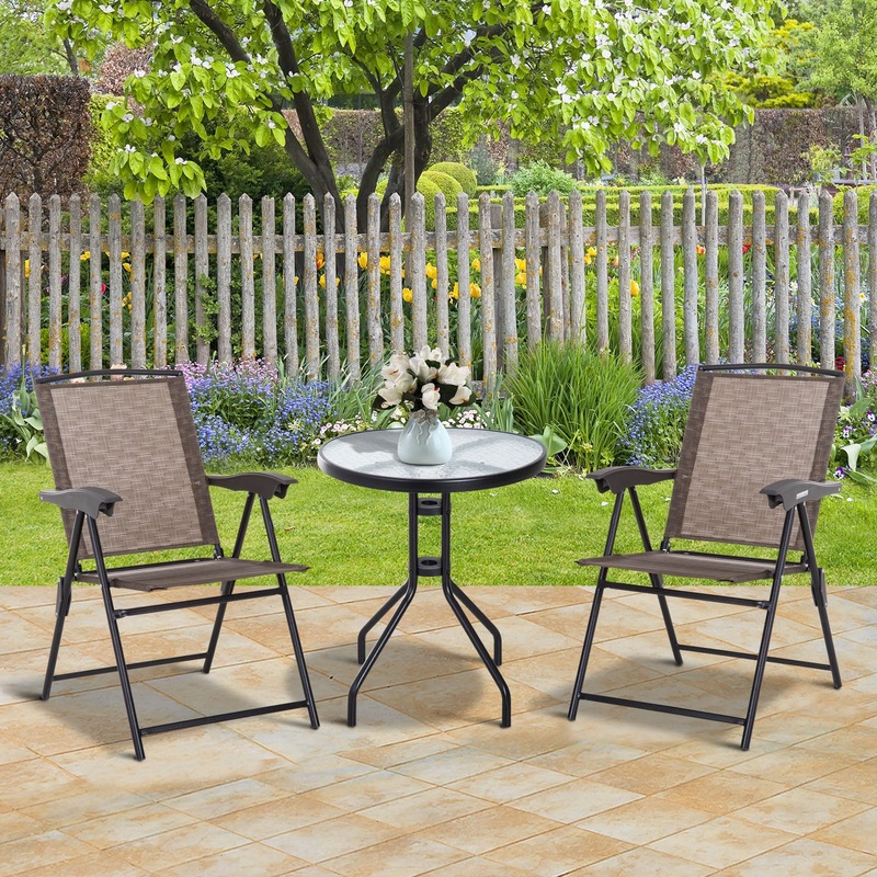 3 Piece Patio Furniture Garden Bistro Set Outdoor 2 Folding Chairs 1 Tempered Glass Table  Adjustable Backrest Metal – Brown