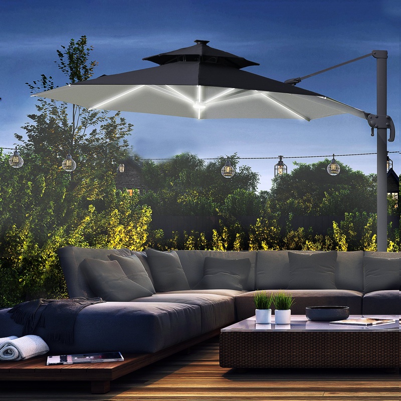 3m Cantilever Parasol w/ Solar Lights Power Bank Cross Base Adjustable Canopy 360 Spin Outdoor Garden Umbrella 2-Tier Roof Sun Shade Grey