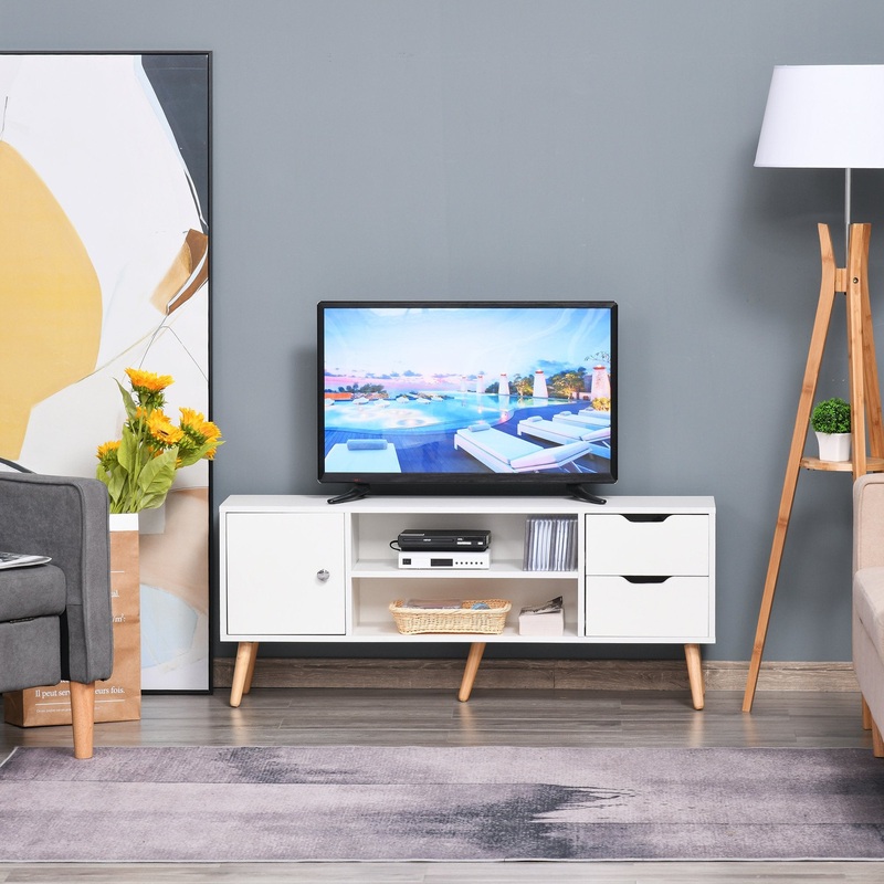 Modern TV Stand for TVs up to 42” Flat Screen, TV Console Cabinet with Storage Shelf, Drawers, Cable Hole, Living Room and Office, White