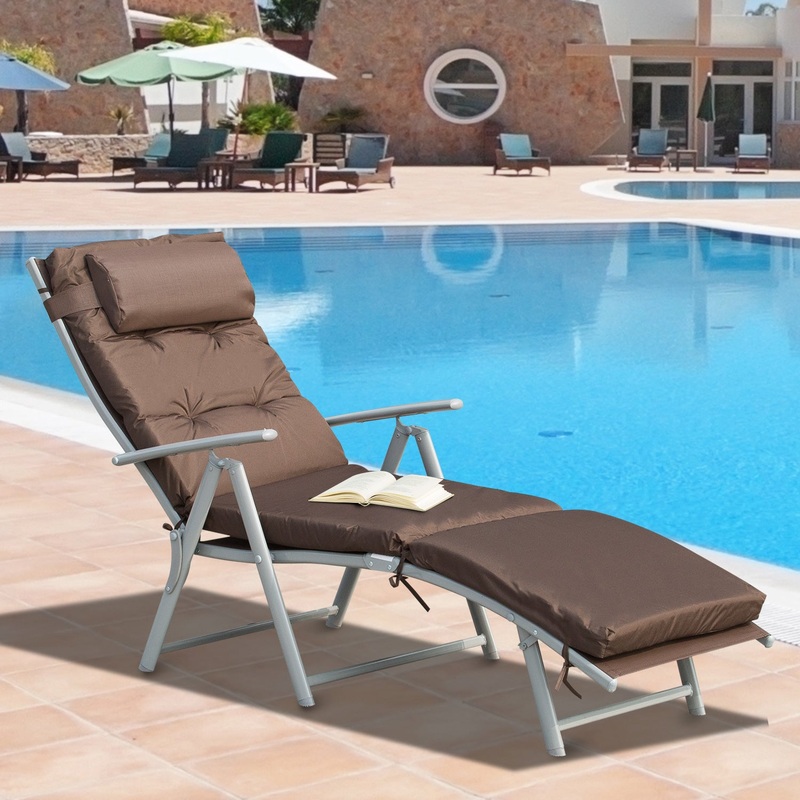 Outdoor Patio Sun Lounger Garden Texteline Foldable Reclining Chair Pillow Adjustable Recliner with Cushion – Brown