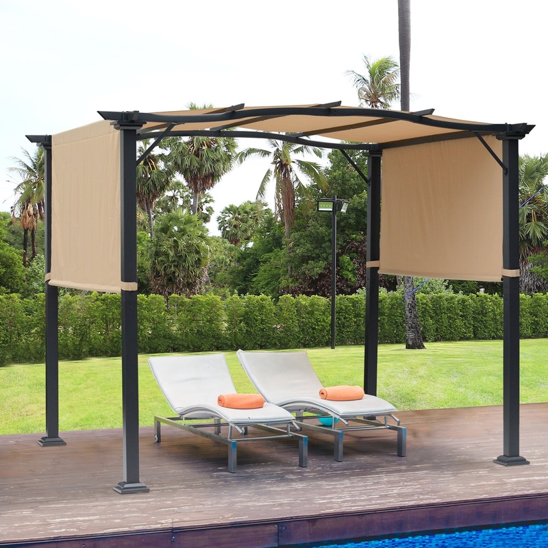 Outdoor Retractable Pergola Garden Gazebo with Two Adjustable Side Canopy Overhead Sun Shade Backyard Canopy Cover, Steel Khaki 3×2.45×2.3m