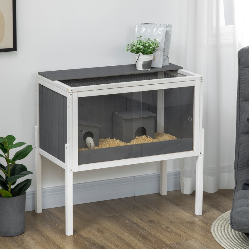 Wooden Hamster Cage, Small Animal Hutch for Dwarf Hamsters, Gerbils, Rutin Chickens w/ Huts, Shelf, 82 x 45 x 81cm – Grey