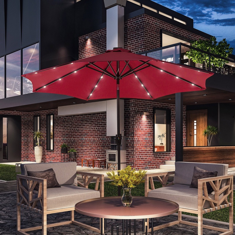 2.7m Garden 24 LED Light Parasol Solar Outdoor Tilt Sun Umbrella Patio Club Party Event Manual Sun Shade w/ Hand Crank and 8 Ribs Red