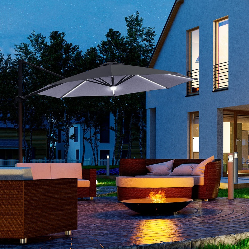 3(m) Cantilever Roma Parasol Garden Sun Umbrella Outdoor Patio with LED Solar Light Cross Base 360 Rotating, Grey