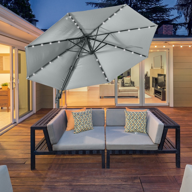 3(m) Cantilever Roma Parasol Patio Sun Umbrella with LED Solar Light Cross Base 360 Rotating Outdoor, Grey