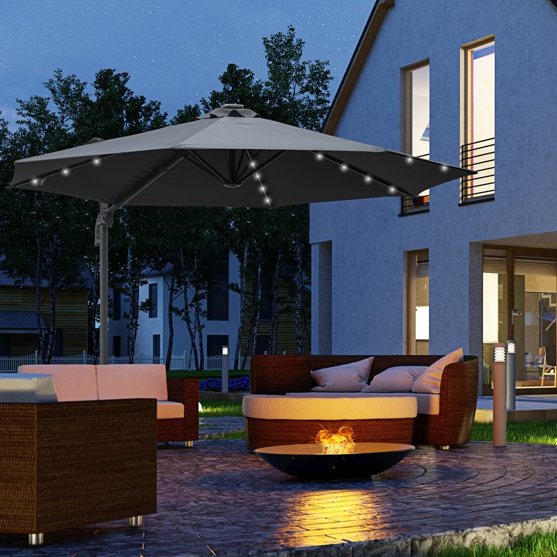 3(m) Square Outdoor Umbrella Patio Sun Umbrella with Crank & Tilt LED Solar Light Cross Base 360 Rotating Outdoor, Dark Grey