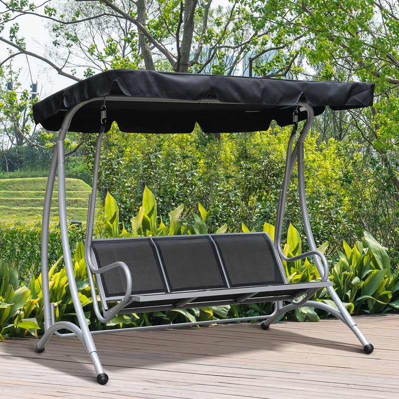 3 Seater Bench Steel Outdoor Patio Porch Swing Chair with Adjustable Canopy – Black