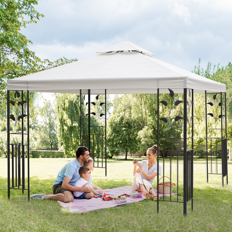 3 x 3m Outdoor Steel Gazebo with 2 Tier Roof, Garden Gazebo Patio Canopy Marquee Shelter with Decorative Steel Frame – Cream