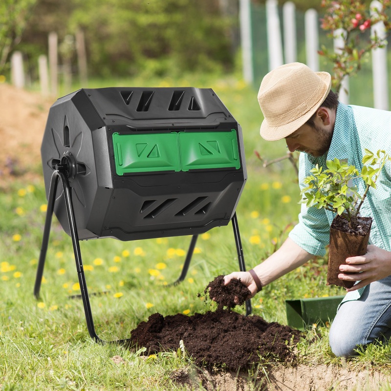 Outdoor Composter – 160L Dual Chamber Tumbling Compost Bin – 360 Rotating, Sliding Doors, Sturdy Steel Frame, Perfect for Outdoor Gardens, Black