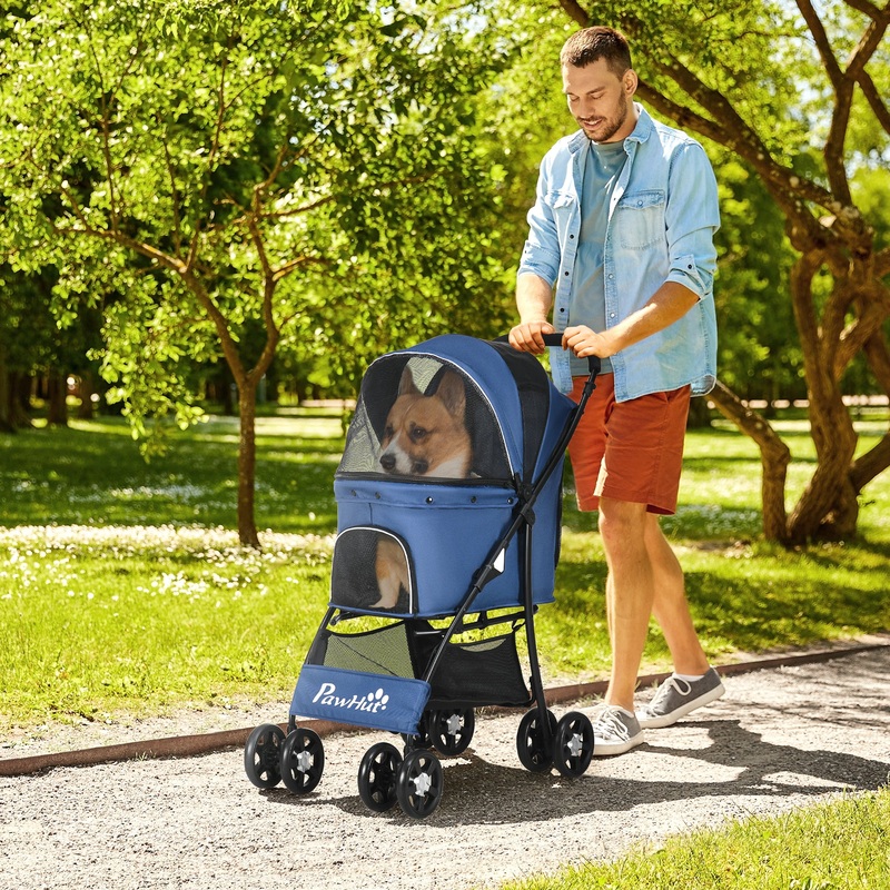 Pet Stroller Dog Pram Pushchair Cat Travel Carriage W/ Universal Wheels, Brake, Canopy, Storage Bag – Blue