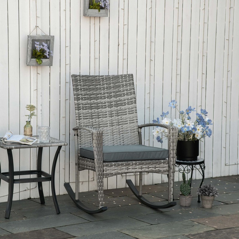 Rattan Rocking Chair Rocker Garden Furniture Seater Patio Bistro Relaxer Outdoor Wicker Weave with Cushion – Light Grey