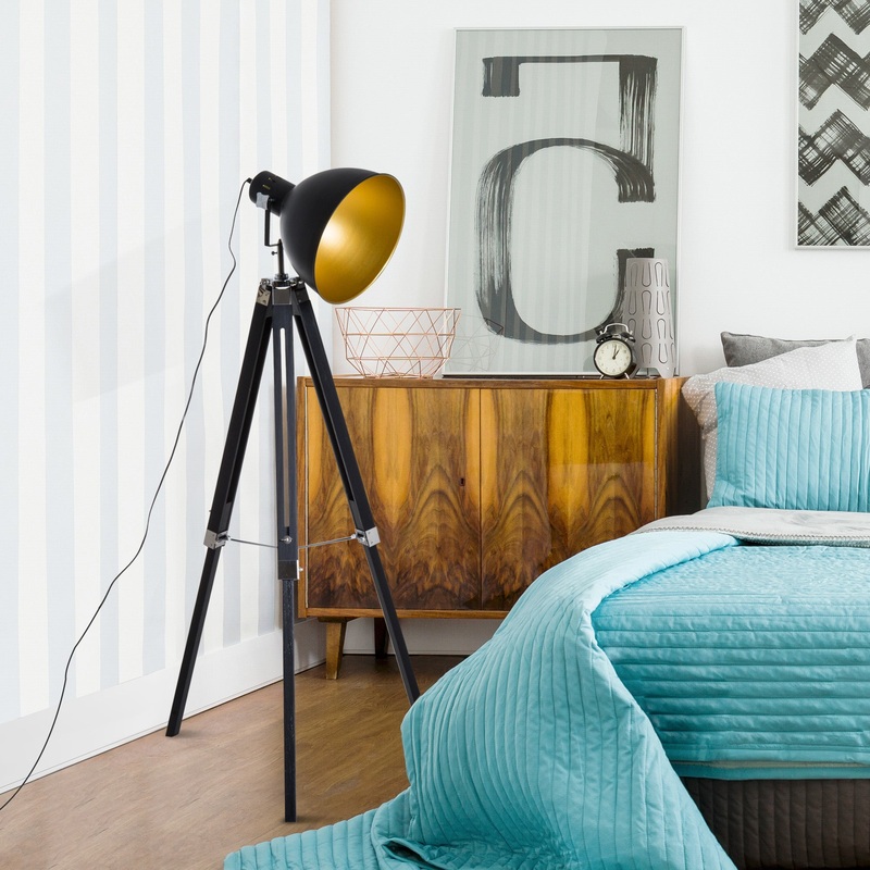 Studio Floor Lamp,Tripod Spotlight Lamp with Wood Legs,  30 cm Lampshade and Max. 40W, 152cm Floor Lamp, Metal, Black and Gold