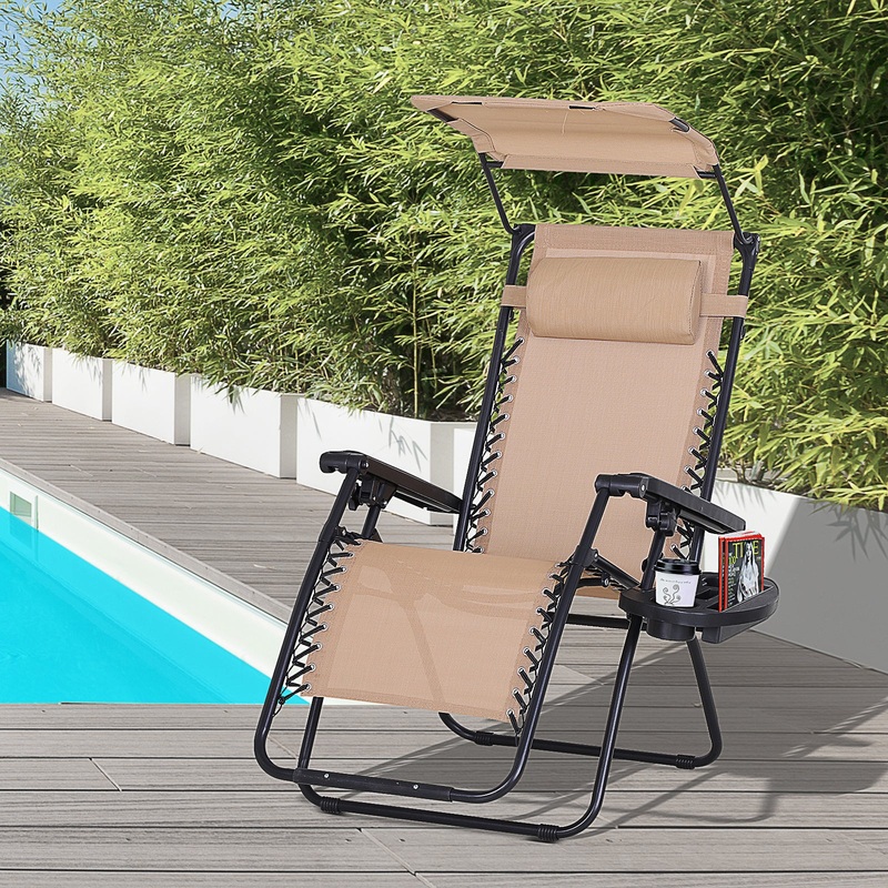 Zero Gravity Garden Deck Folding Chair Patio Sun Lounger Reclining Seat with Cup Holder & Canopy Shade – Beige