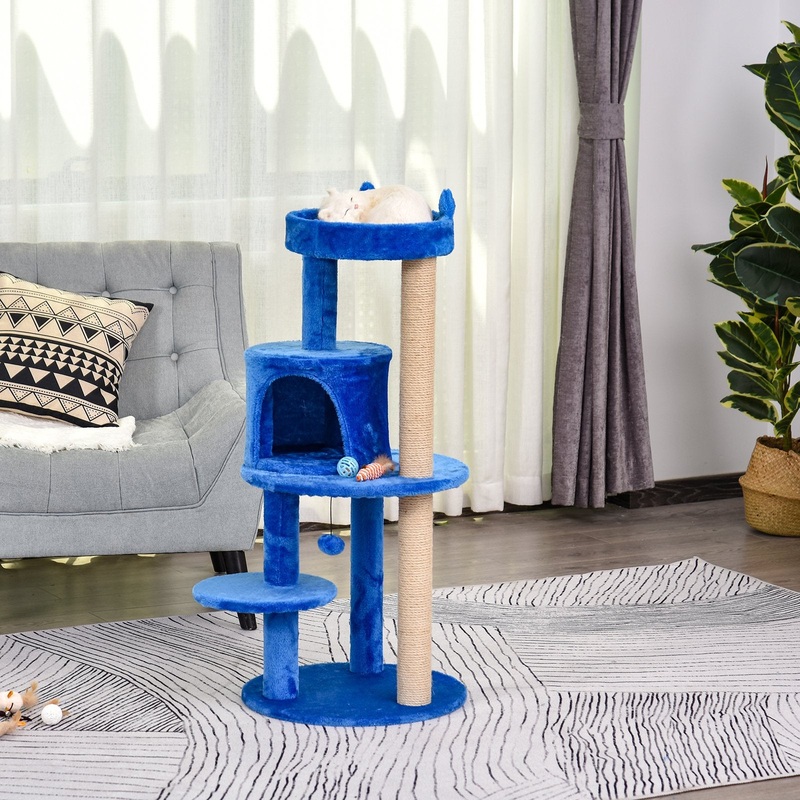 104 cm Cat Tree, Cat Condo Tree Tower, Cat Activity Centre with Scratching Posts, Plush Perches, Hanging Ball – Blue