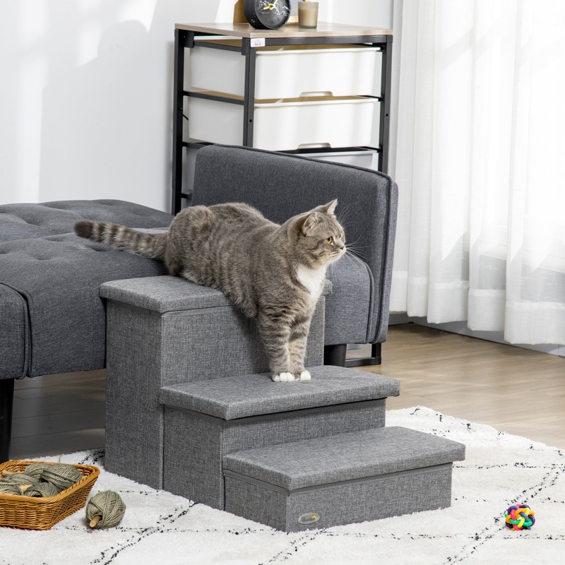 3 Step Dog Steps with Storage Boxes, Cat Stairs for Bed, Pet Ladder for Couch, Sofa – Grey