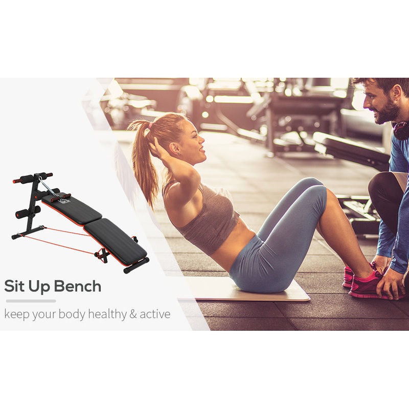 Sit Up Bench Core Workout Adjustable Thigh Support Foldable for Home Gym w/ Arm Pulling Rope Black