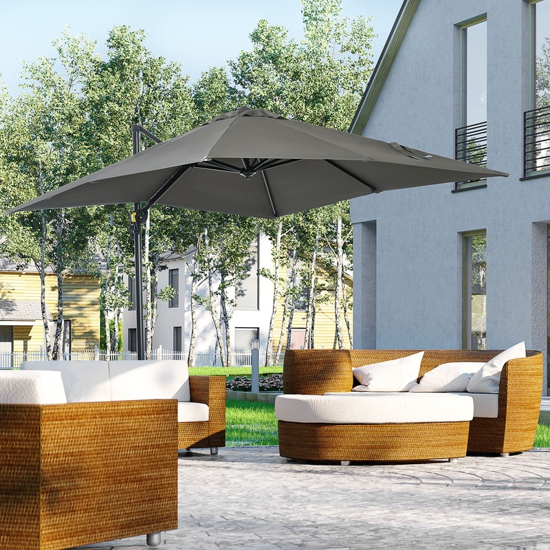 2.5 x 2.5m Patio Offset Parasol Cantilever Umbrella Sun Shade Canopy Shelter 360 Rotation with Crank Handle and Cross Base, Grey