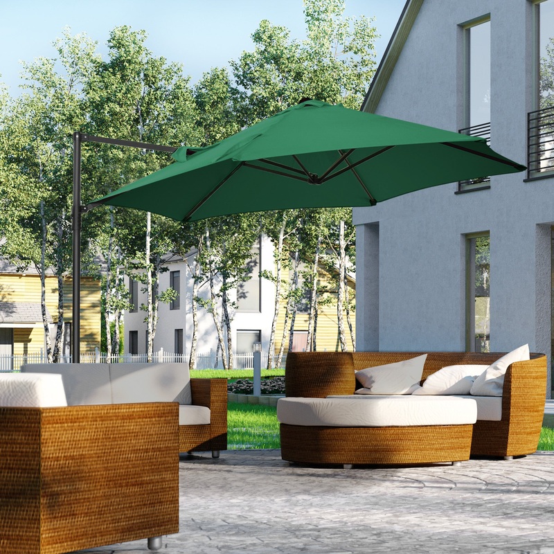 2.5M Garden Square Outdoor Umbrella with 360 Rotation, Offset Roma Patio Umbrella Hanging Sun Shade Canopy Shelter with Cross Base, Green