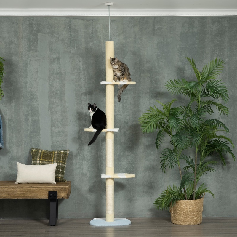 260cm Floor to Ceiling Cat Tree, Height Adjustable Kitten Tower with Anti-slip Kit, Multi-Layer Activity Centre w/ Fish-shaped Perches Scratching Post Ball Toy – Yellow