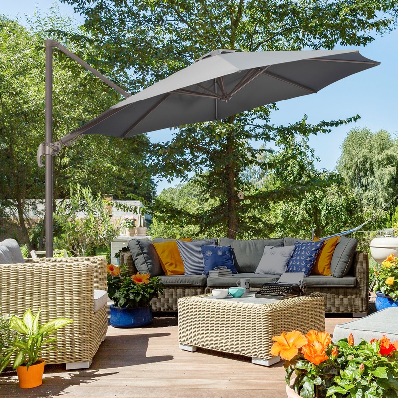 3(m) Cantilever Parasol 360 Rotation Roma Umbrella Hanging Sun Shade with Aluminum Frame, Tilt Crank, 8 Ribs and Cross Base, Dark Grey