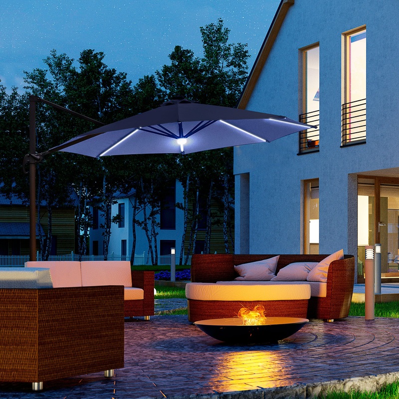 3(m) Cantilever Roma Parasol Garden Sun Umbrella Outdoor Patio with LED Solar Light Cross Base 360 Rotating, Blue