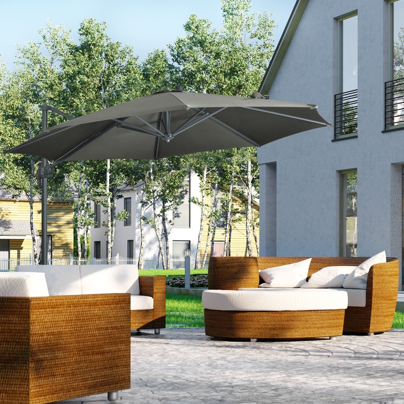 3 x 3(m) Cantilever Parasol with Cross Base, Garden Umbrella with 360 Rotation, Crank Handle and Tilt for Outdoor, Patio, Grey