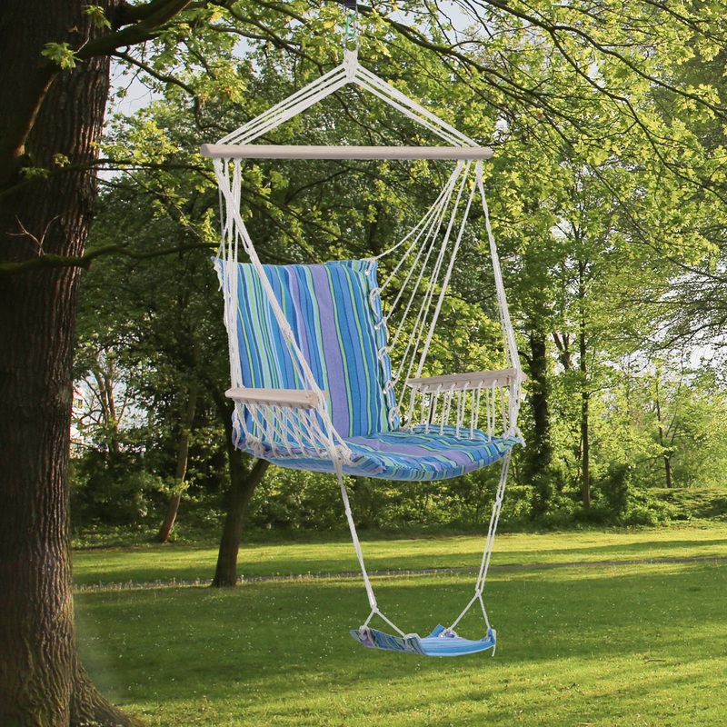 Outdoor Hammock Hanging Rope Chair Garden Yard Patio Swing Seat Wooden w/ Footrest Armrest Cotton Cloth (Blue)