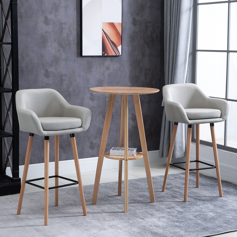 Set of 2 Bar Stools Modern Upholstered Seat Bar Chairs w/ Metal Frame, Solid Wood Legs Living Room Dining Room Fabric Furniture – Beige