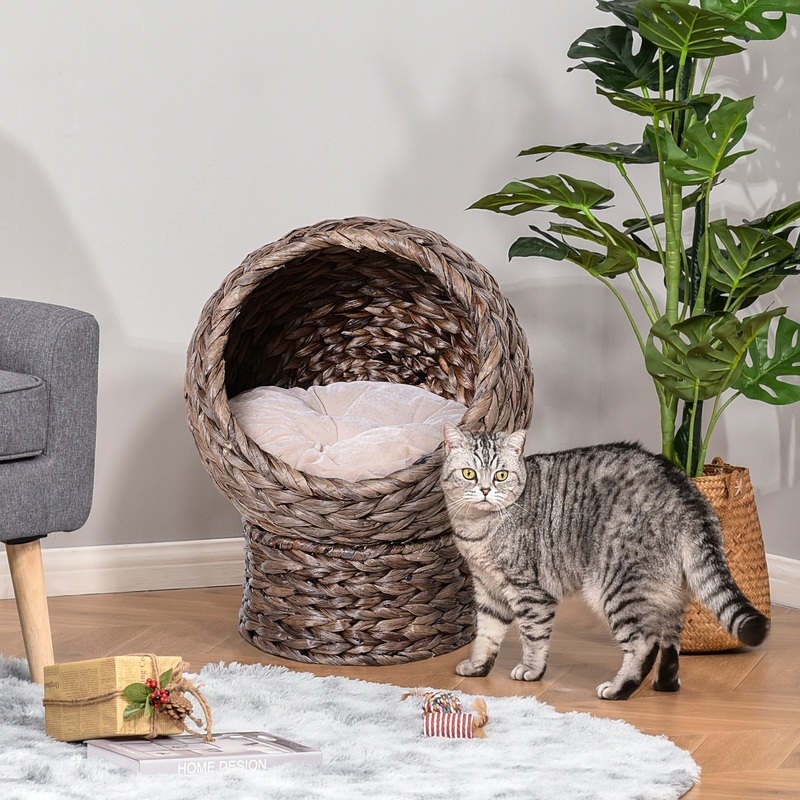 Wicker Cat Bed, Raised Rattan Cat Basket with Cylindrical Base, Soft Washable Cushion, 42 x 33 x 52cm – Brown