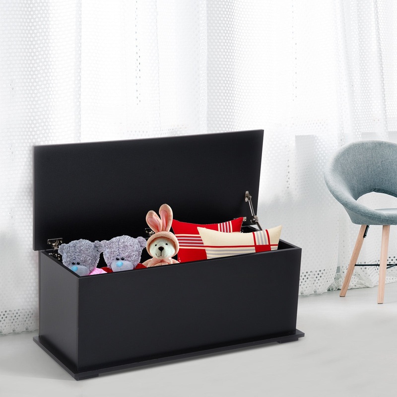 Wooden Storage Box Clothes Toy Chest Bench Seat Ottoman Bedding Blanket Trunk Container with Lid – Black